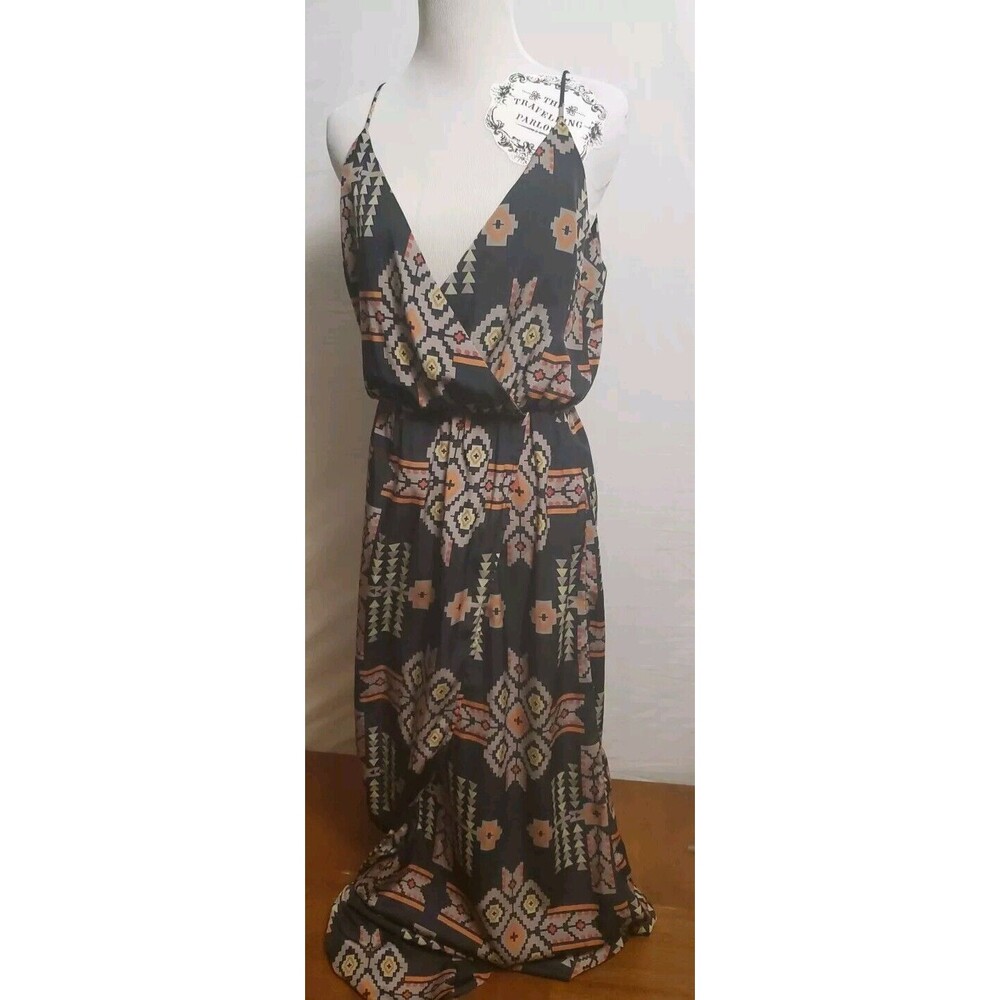 MAHINA Black Geometric Print Sleeveless Crepe Long Maxi Dress Size Small